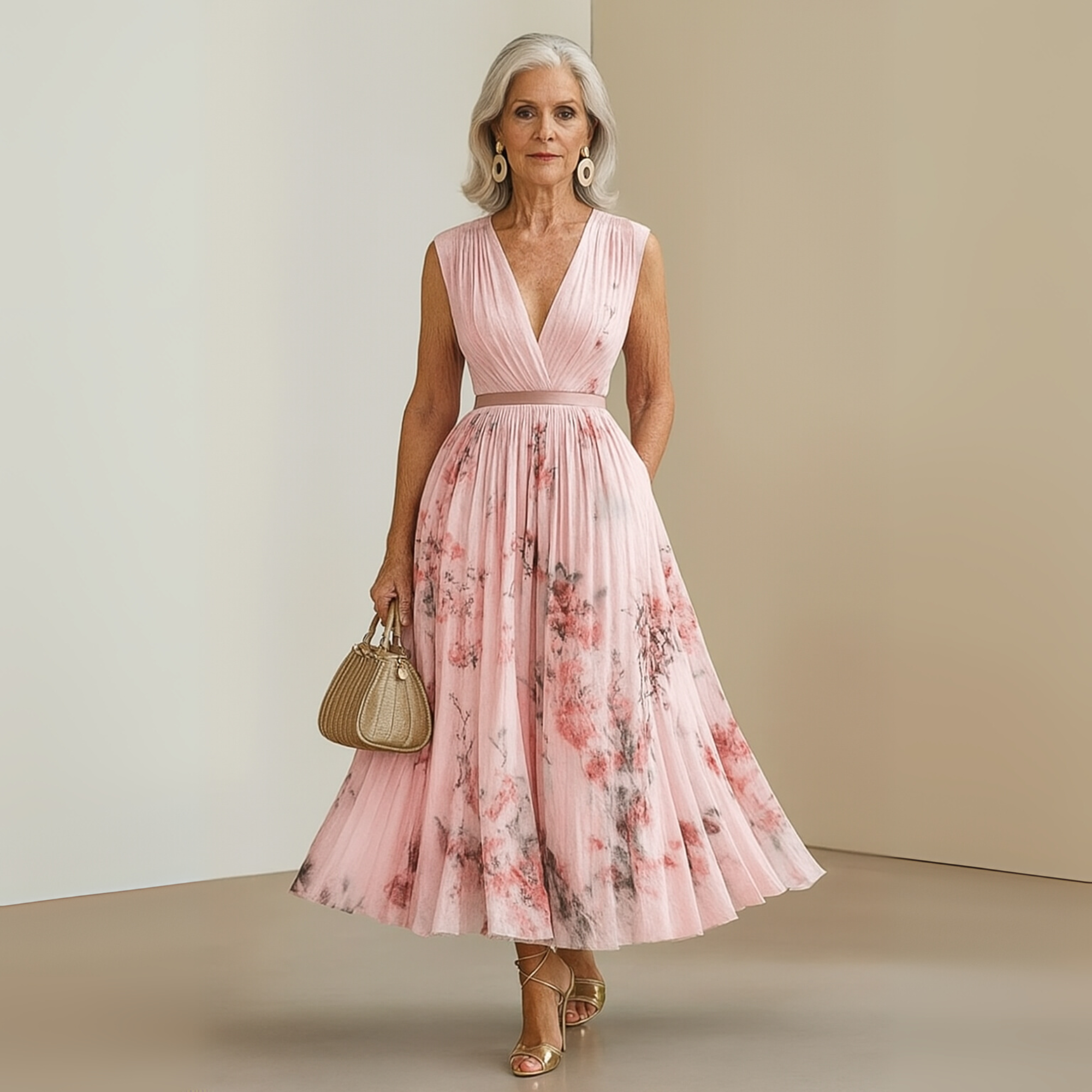 Séraphine Montclaire | Flowy Sleeveless Floral Midi Dress with V-Neck