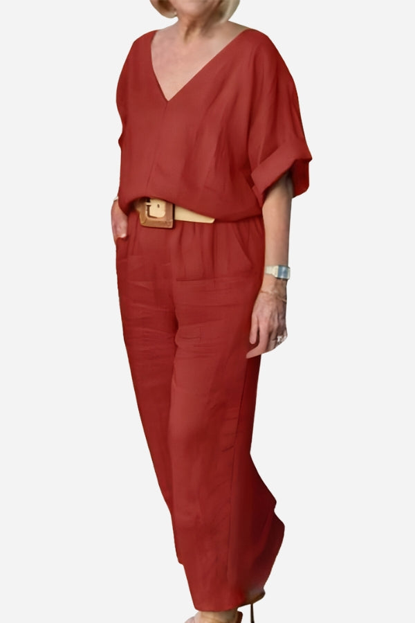 Rosalind Fairmount | Red Linen-Look V-Neck Batwing Top & Straight-Leg Pants Set