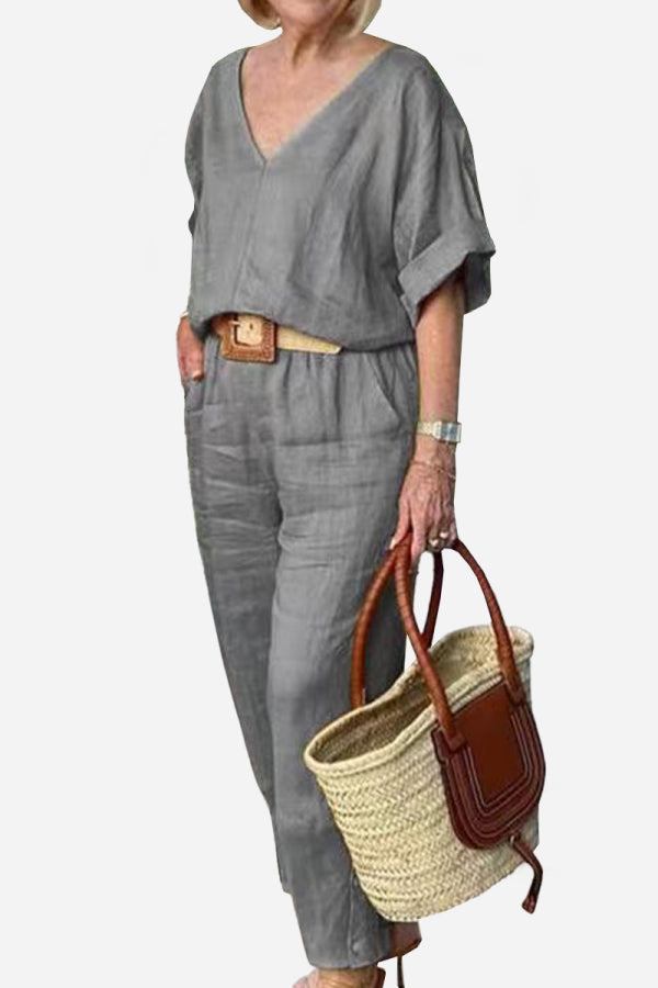 Rosalind Fairmount | Red Linen-Look V-Neck Batwing Top & Straight-Leg Pants Set