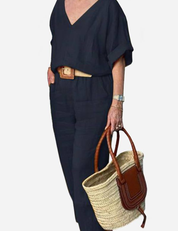 Rosalind Fairmount | Red Linen-Look V-Neck Batwing Top & Straight-Leg Pants Set