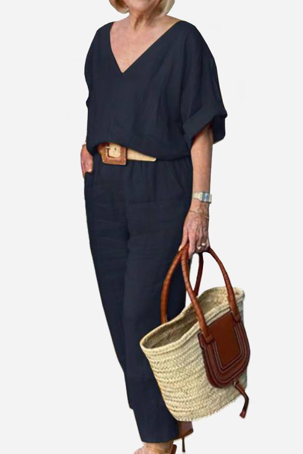 Rosalind Fairmount | Red Linen-Look V-Neck Batwing Top & Straight-Leg Pants Set