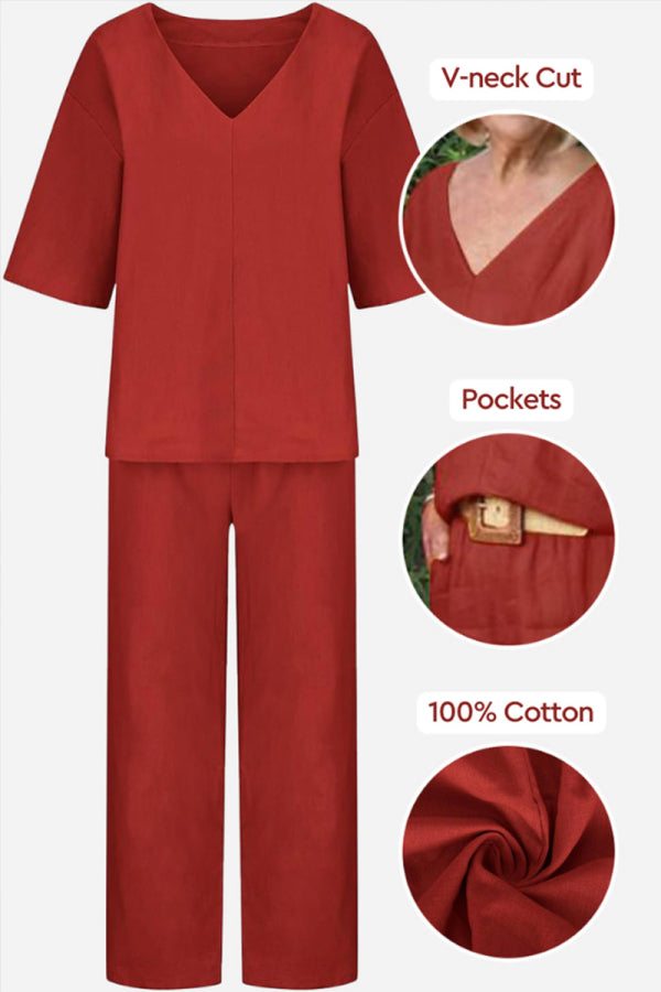 Rosalind Fairmount | Red Linen-Look V-Neck Batwing Top & Straight-Leg Pants Set