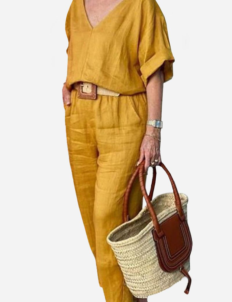 Rosalind Fairmount | Red Linen-Look V-Neck Batwing Top & Straight-Leg Pants Set