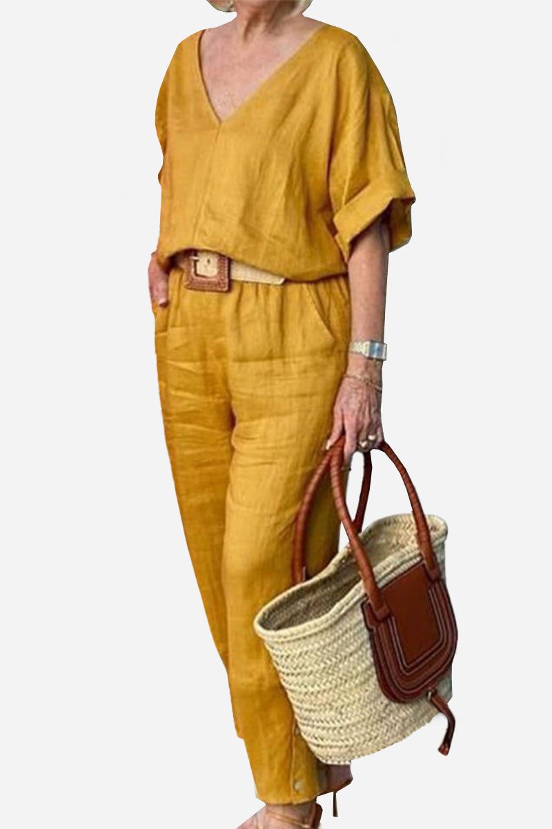 Rosalind Fairmount | Red Linen-Look V-Neck Batwing Top & Straight-Leg Pants Set