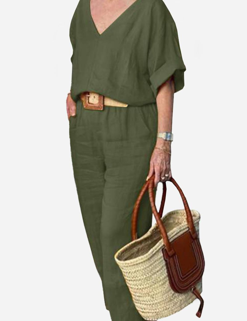 Rosalind Fairmount | Red Linen-Look V-Neck Batwing Top & Straight-Leg Pants Set