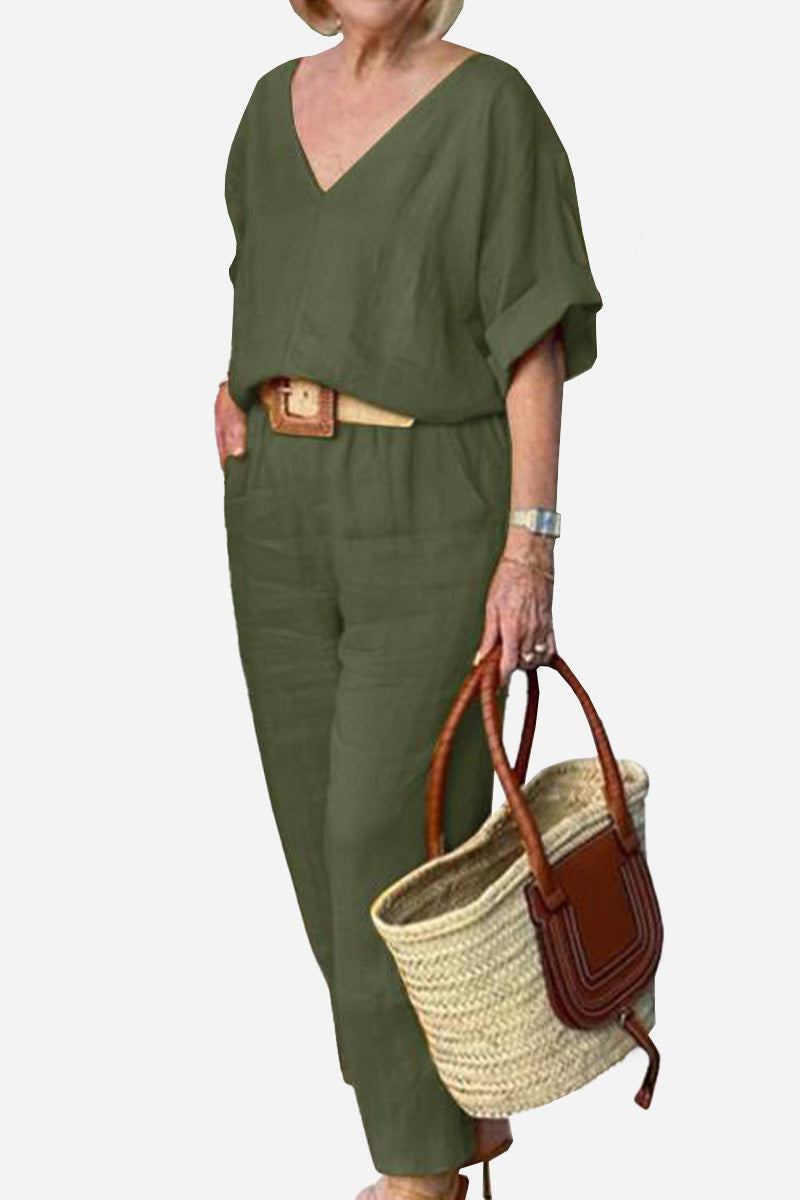Rosalind Fairmount | Red Linen-Look V-Neck Batwing Top & Straight-Leg Pants Set