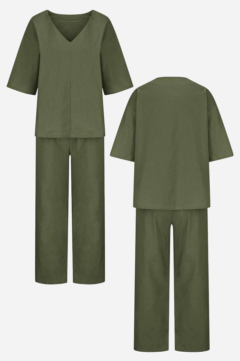Rosalind Fairmount | Red Linen-Look V-Neck Batwing Top & Straight-Leg Pants Set