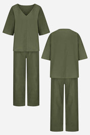 Rosalind Fairmount | Red Linen-Look V-Neck Batwing Top & Straight-Leg Pants Set