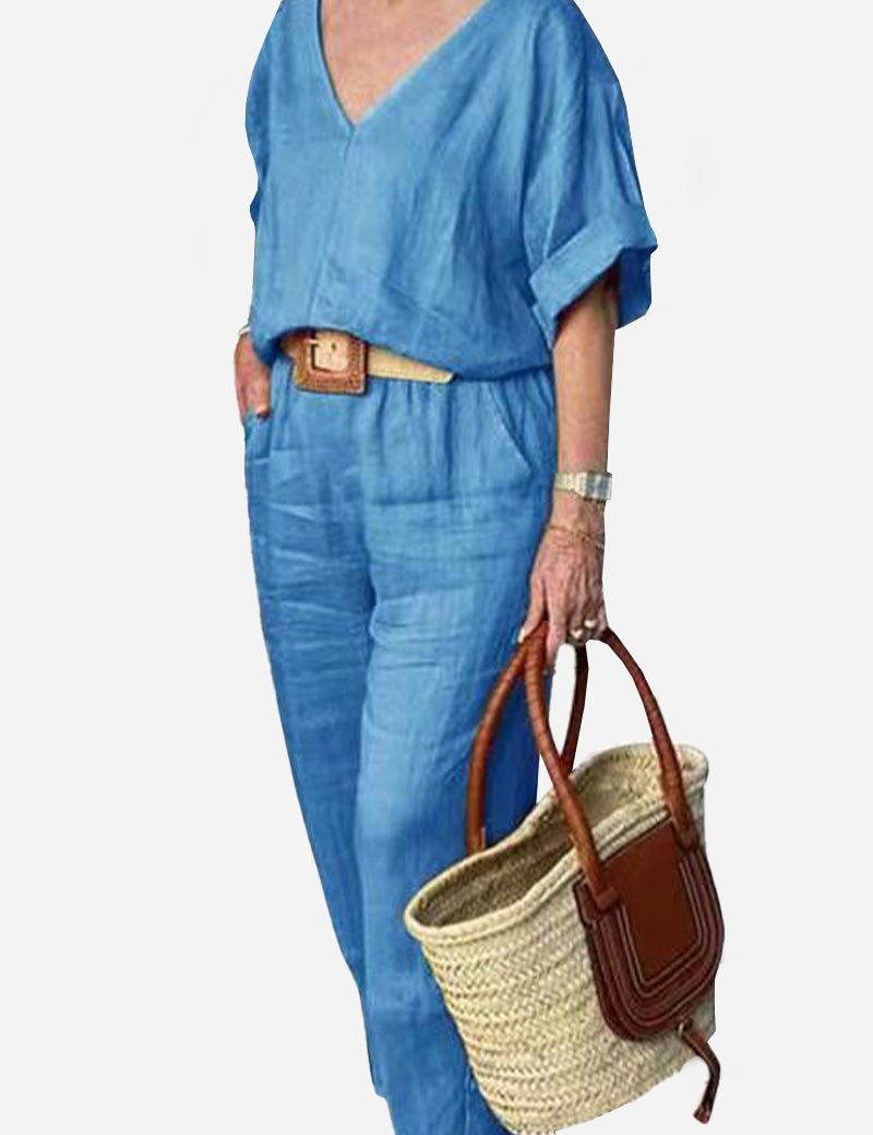 Rosalind Fairmount | Red Linen-Look V-Neck Batwing Top & Straight-Leg Pants Set