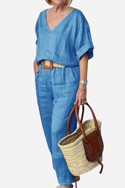 Rosalind Fairmount | Red Linen-Look V-Neck Batwing Top & Straight-Leg Pants Set