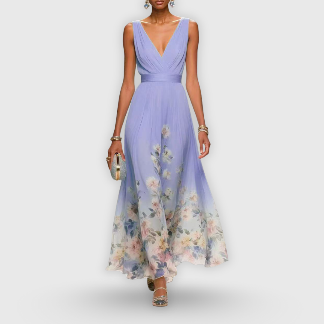 Genevra Fontclaire | Blue Floral Maxi Dress with V-Neckline