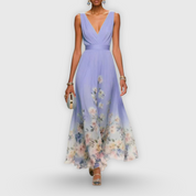 Genevra Fontclaire | Blue Floral Maxi Dress with V-Neckline