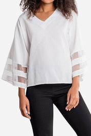 Margeline Beauvray | White V-Neck Bell Sleeve Blouse with Mesh Panel Detail