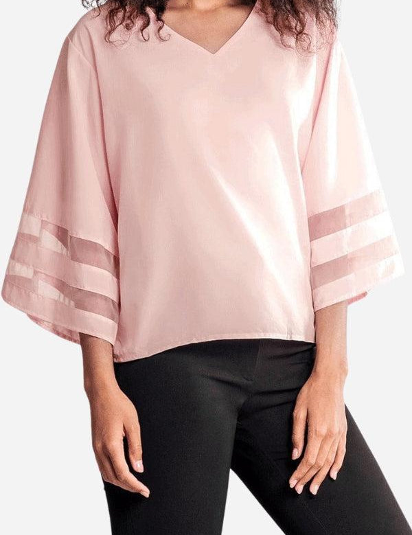 Margeline Beauvray | White V-Neck Bell Sleeve Blouse with Mesh Panel Detail
