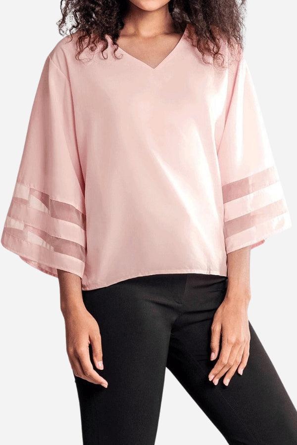 Margeline Beauvray | White V-Neck Bell Sleeve Blouse with Mesh Panel Detail