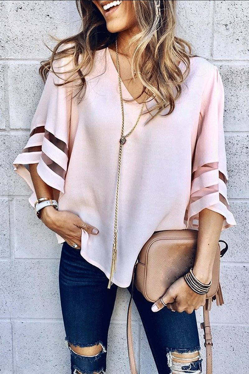 Margeline Beauvray | White V-Neck Bell Sleeve Blouse with Mesh Panel Detail