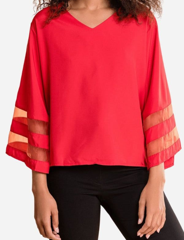 Margeline Beauvray | White V-Neck Bell Sleeve Blouse with Mesh Panel Detail