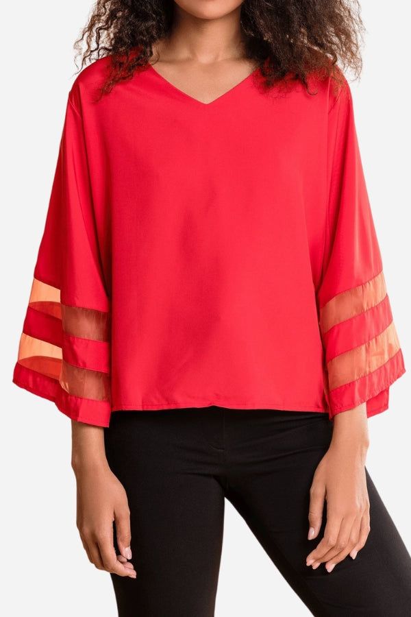 Margeline Beauvray | White V-Neck Bell Sleeve Blouse with Mesh Panel Detail