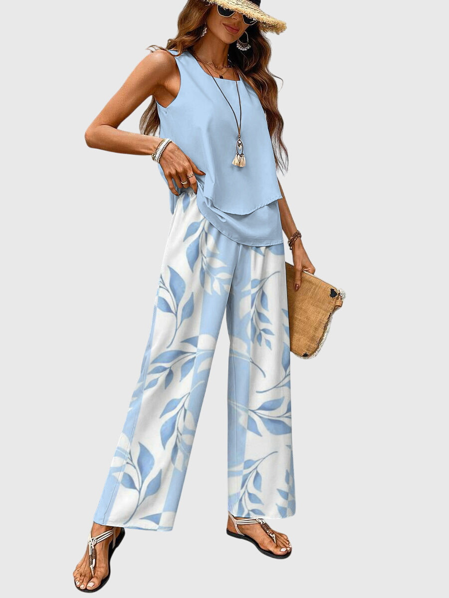 Luciana Whitford | Blue Leaf Print Sleeveless Two-Piece Set