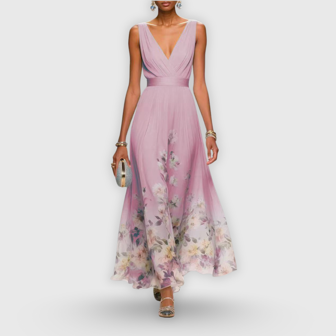 Genevra Fontclaire | Blue Floral Maxi Dress with V-Neckline
