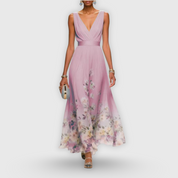 Genevra Fontclaire | Blue Floral Maxi Dress with V-Neckline