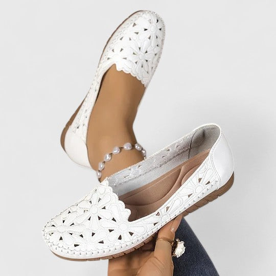 Perrine Galveston | White Hollow-Cut Slip-On Flat Loafers