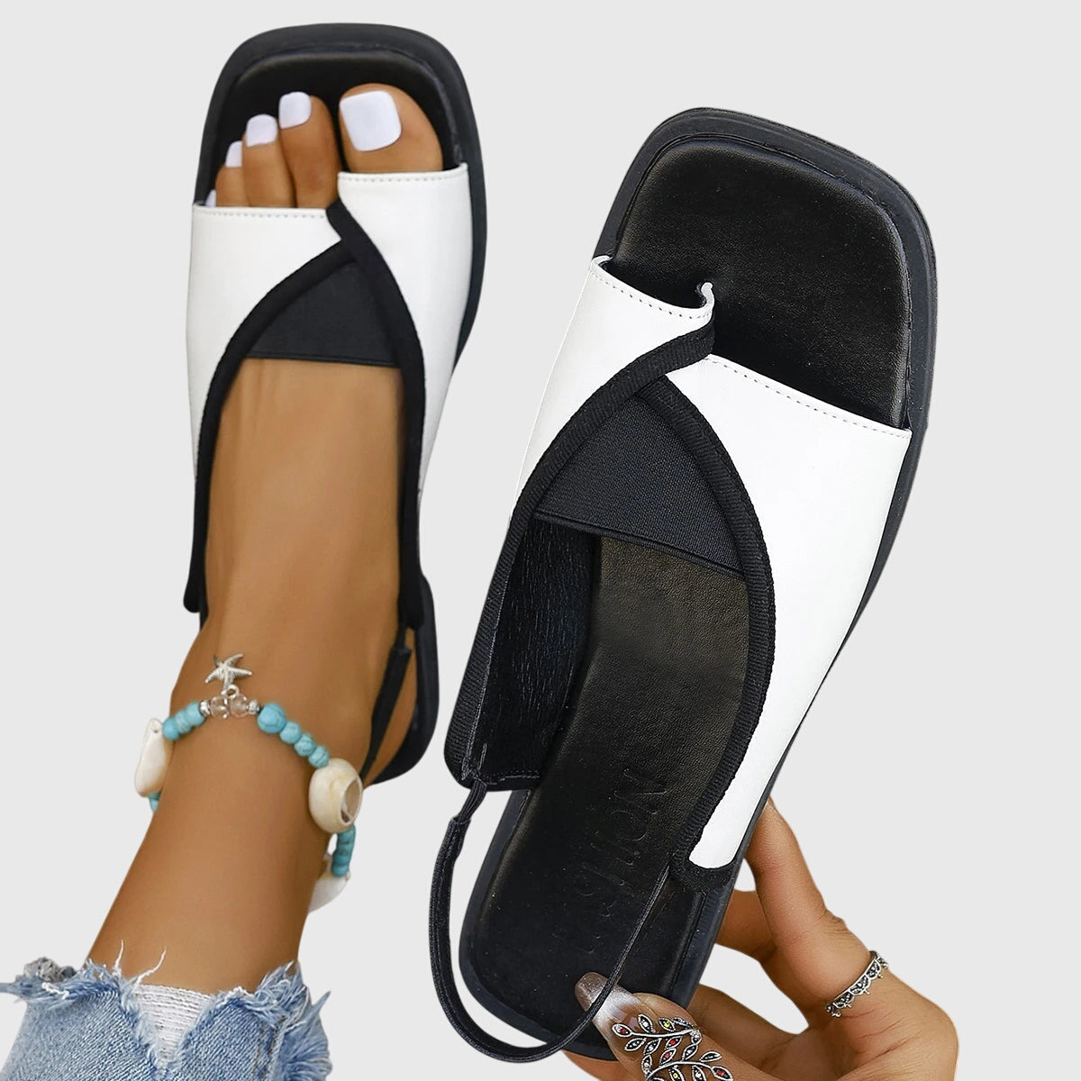 Celeste Montvaux | Square Toe Colorblock Slip-On Flat Sandals