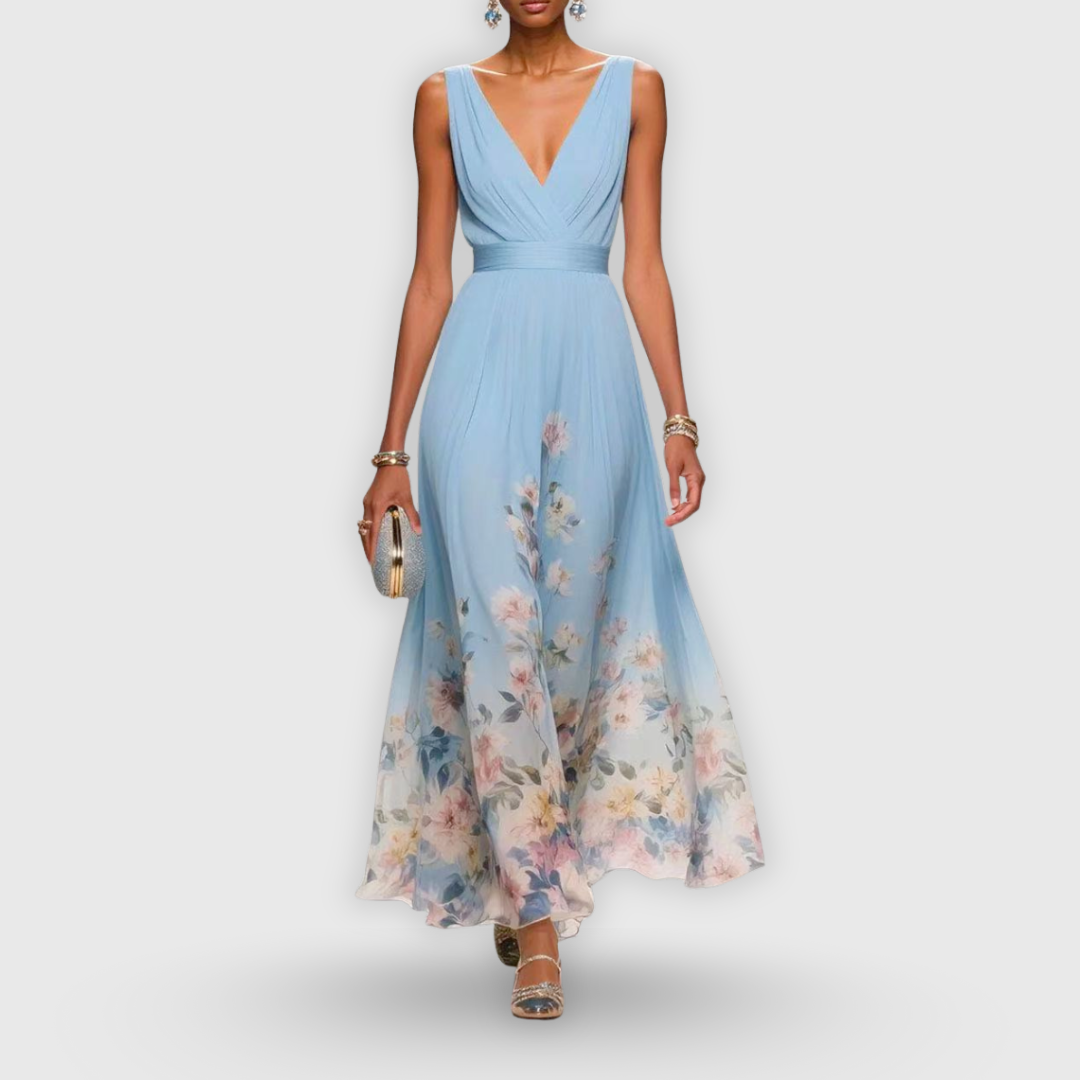 Genevra Fontclaire | Blue Floral Maxi Dress with V-Neckline