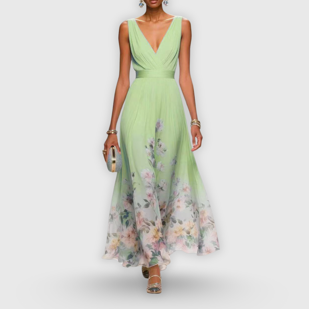 Genevra Fontclaire | Blue Floral Maxi Dress with V-Neckline