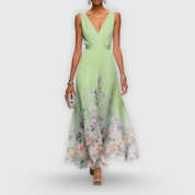 Genevra Fontclaire | Blue Floral Maxi Dress with V-Neckline