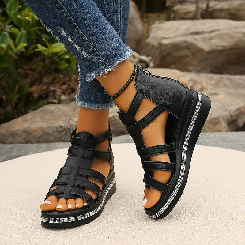 Vittoria Carmonde | Black Gladiator Platform Sandals with Rhinestone Detail