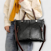 Beatrice Wyndmere | Brown Faux Leather Tote Bag with Front Pockets
