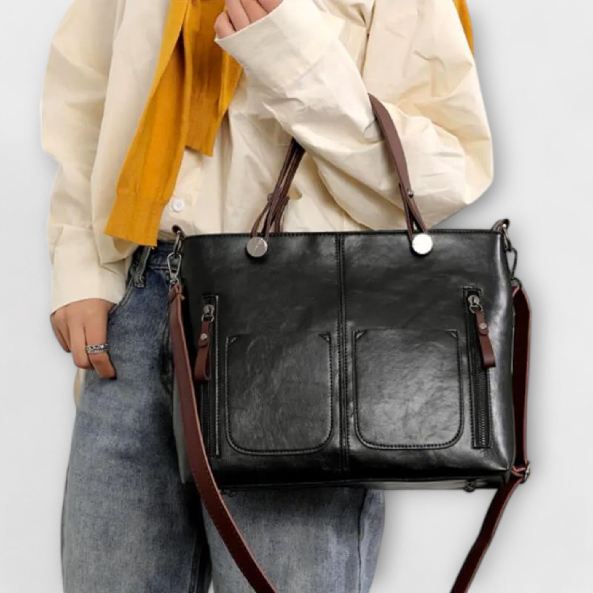 Beatrice Wyndmere | Brown Faux Leather Tote Bag with Front Pockets