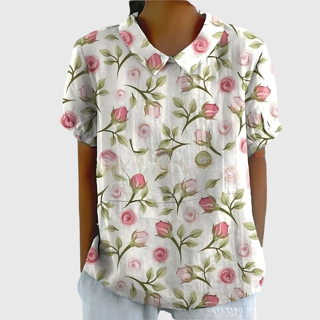 Colette Vaudrenne | Green Floral Print Short Sleeve Blouse