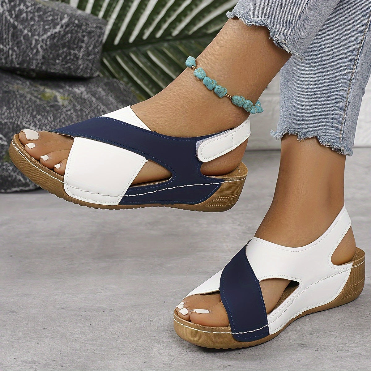 Evangeline Crestwood | Navy & White Colorblock Wedge Sandal