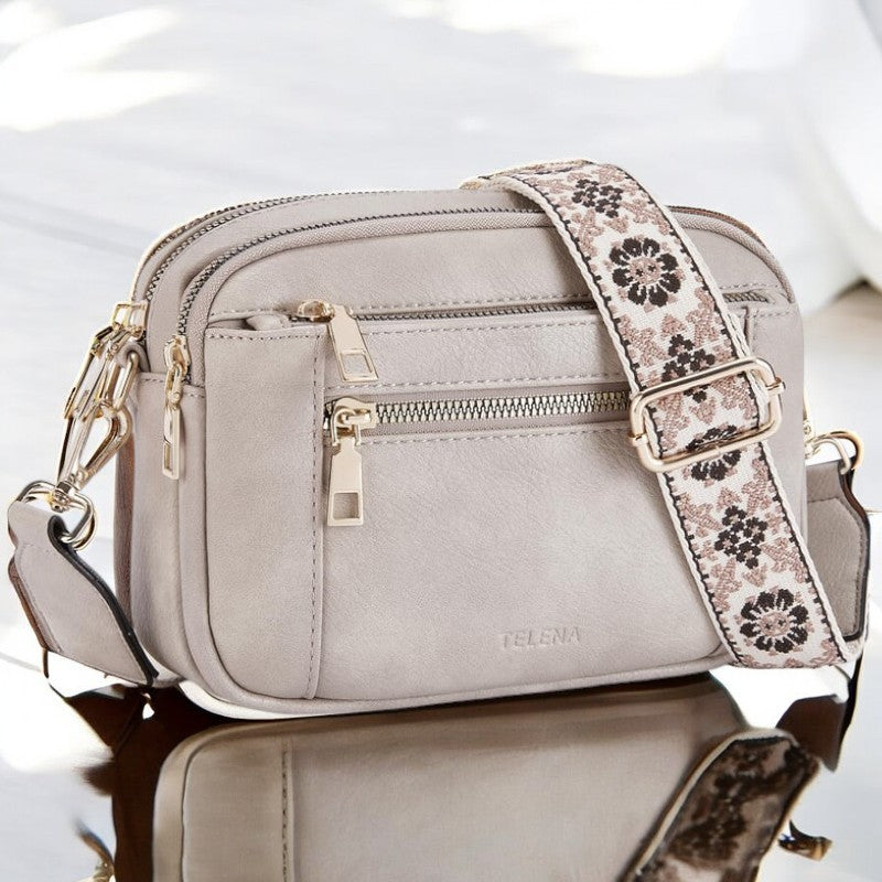 Elaine Beausoleil | White Faux Leather Crossbody Bag with Floral Strap