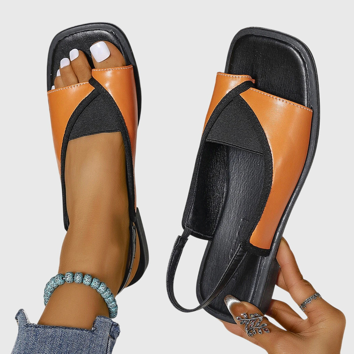 Celeste Montvaux | Square Toe Colorblock Slip-On Flat Sandals