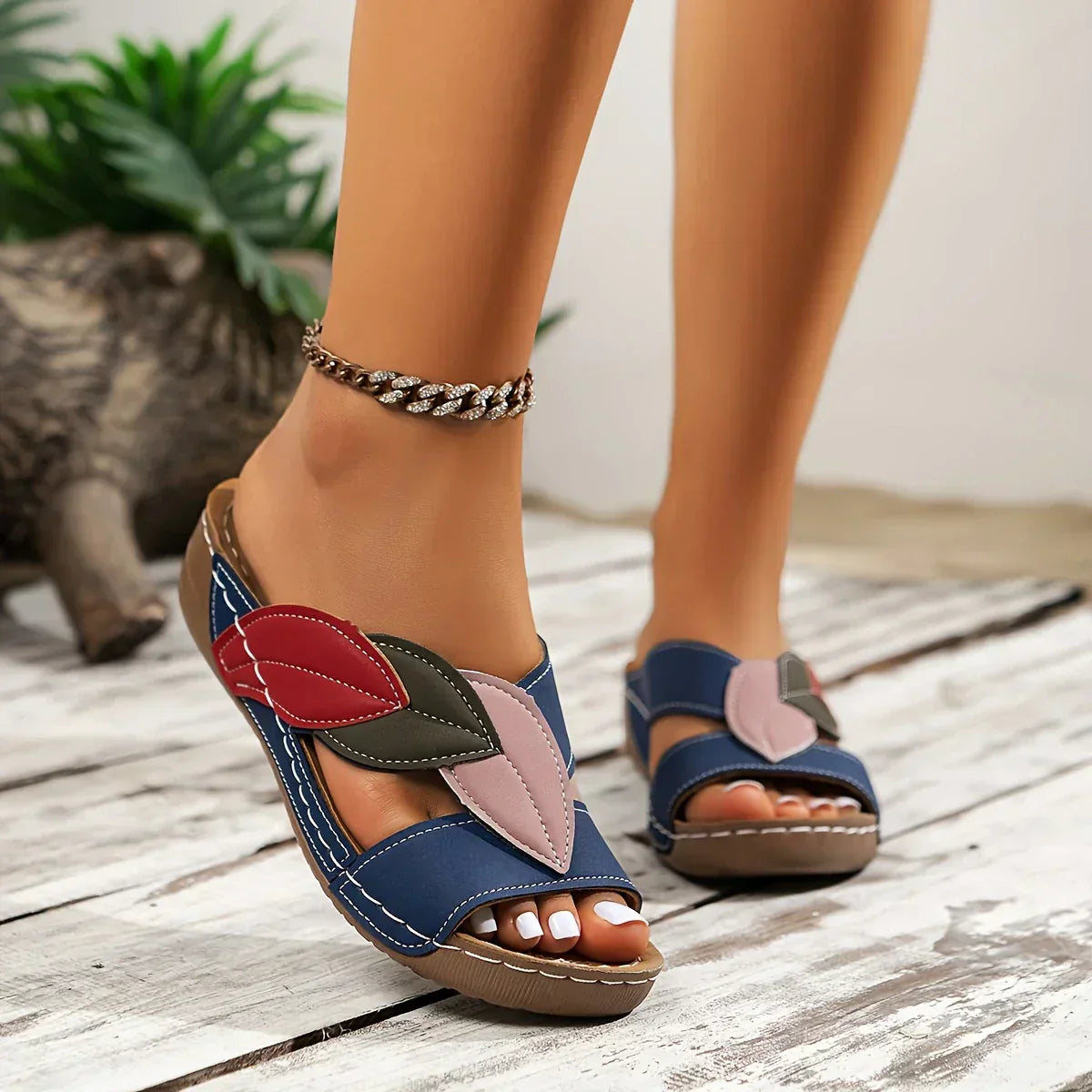 Natasha Bellemore | Colorblock Leaf Appliqué Slip-On Wedge Sandals