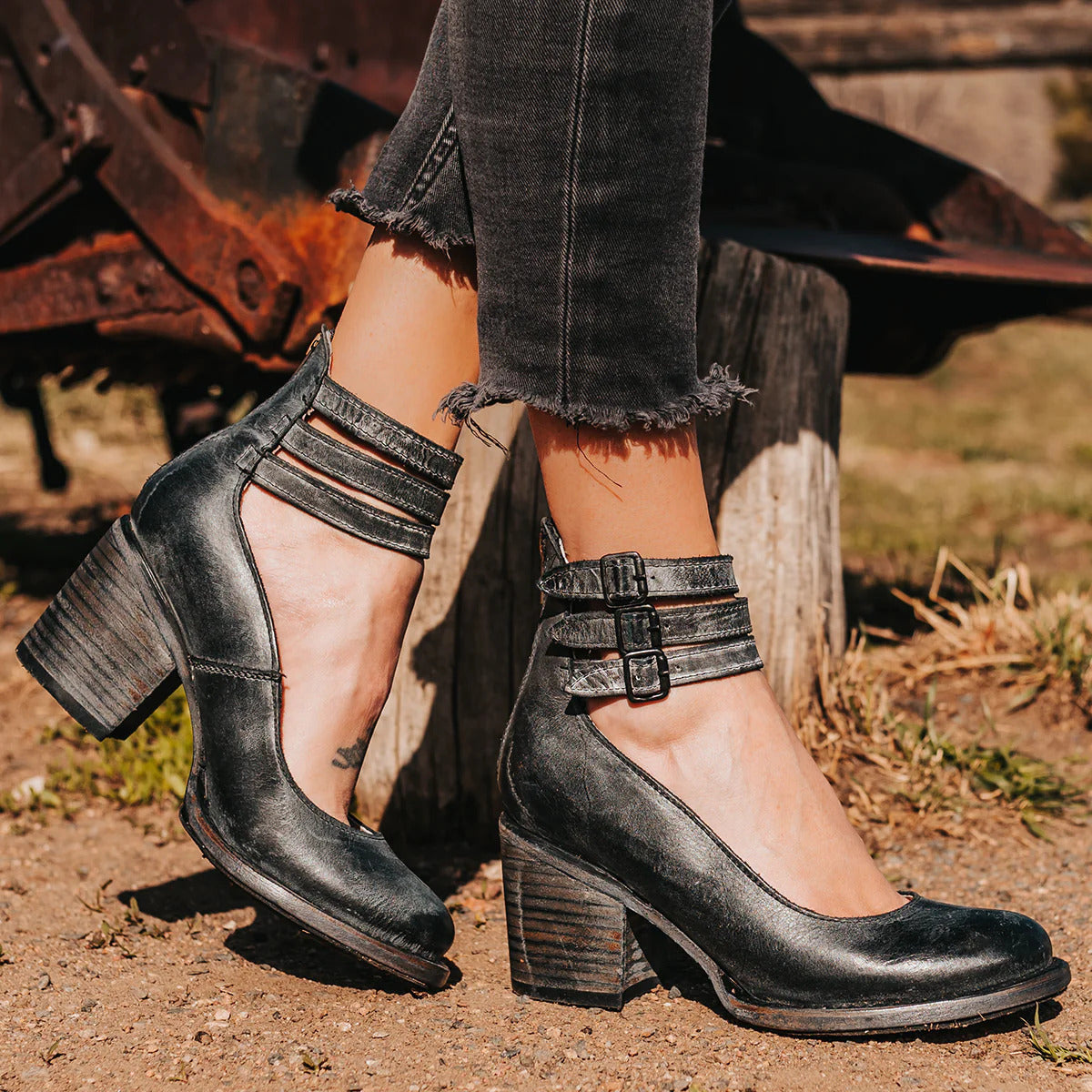 Eleanora Vosswick | Tan Leather Block Heel Ankle Boot with Double Buckle Straps