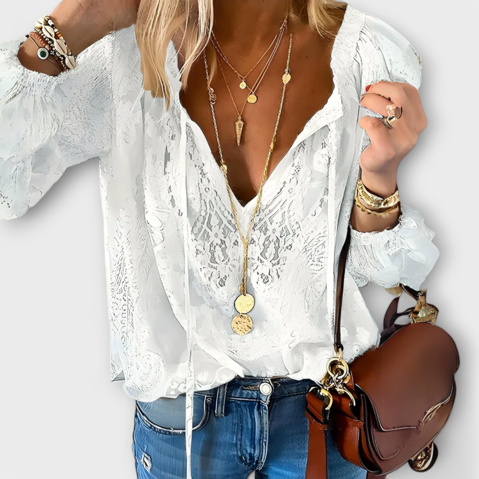 Celestine Fairgrove | White Lace V-Neck Blouse with Flared Sleeves
