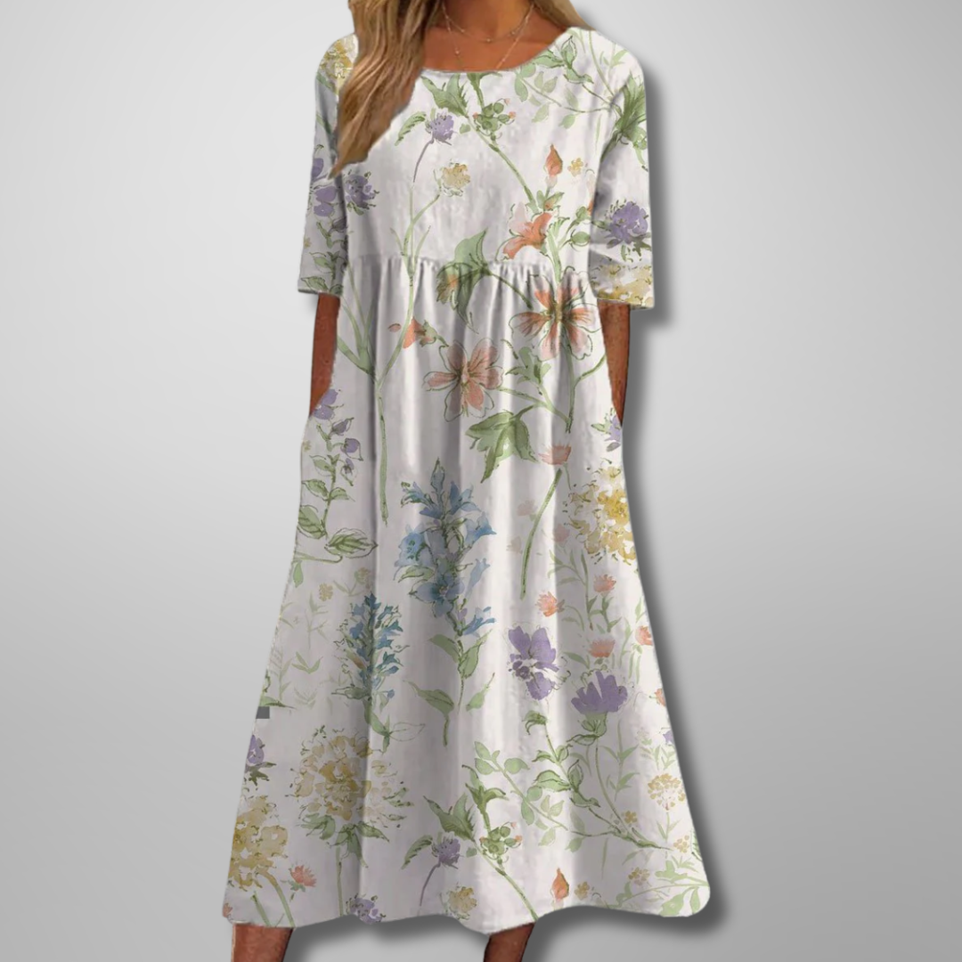 Aurelie Vosclaire | Blue Floral Midi Dress with 3/4 Sleeves