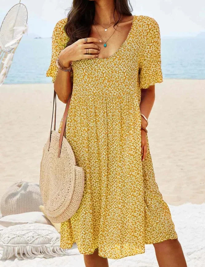Coralie Vanbright | Blue Ditsy Floral Flutter Sleeve Smock Midi Dress