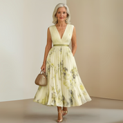 Séraphine Montclaire | Flowy Sleeveless Floral Midi Dress with V-Neck
