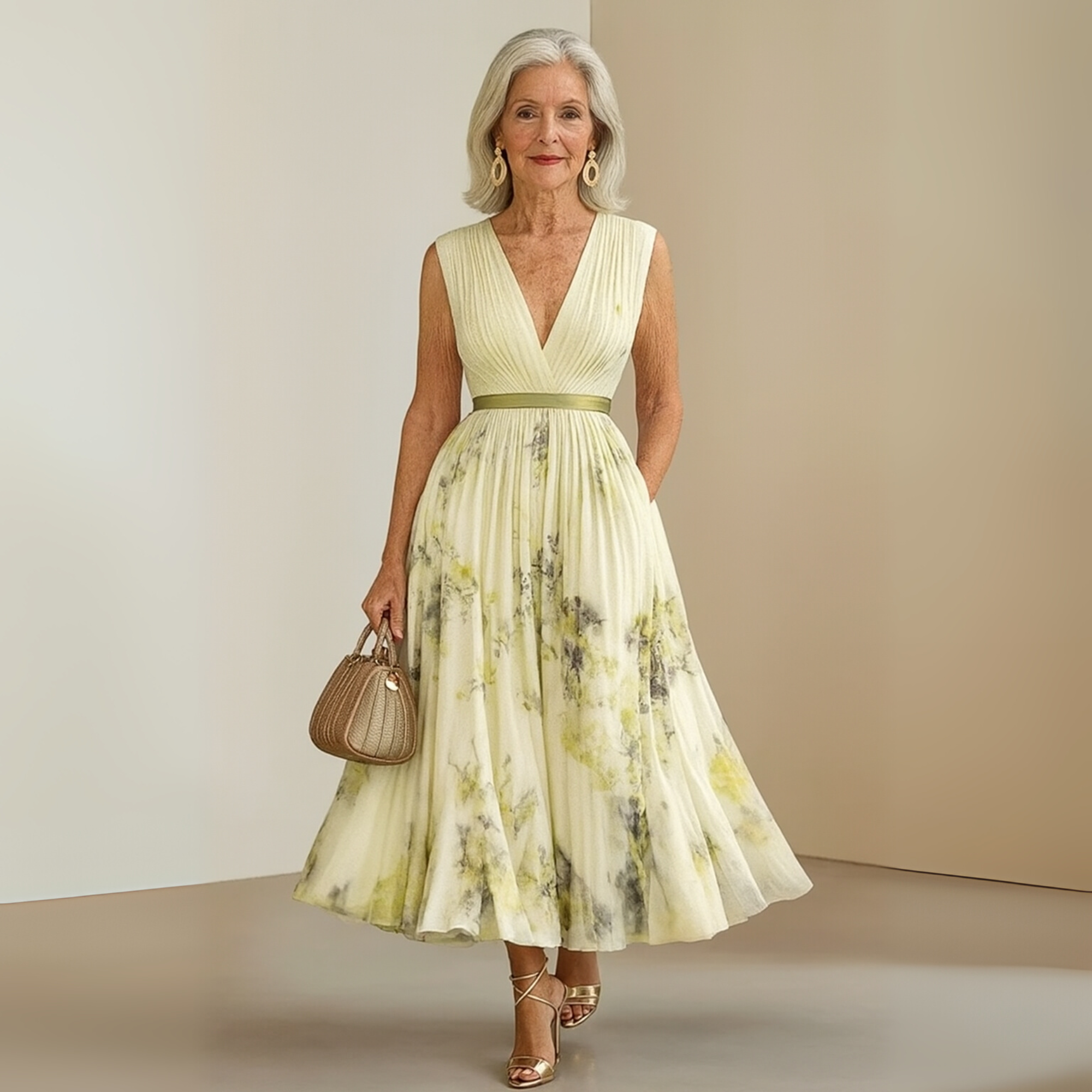 Séraphine Montclaire | Flowy Sleeveless Floral Midi Dress with V-Neck