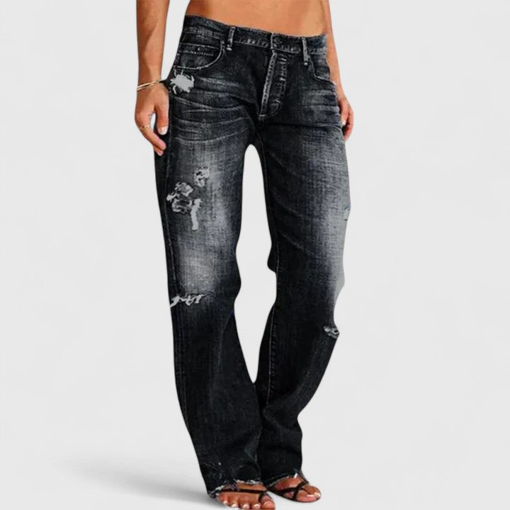 Cassandra Villemorin | Low Rise Distressed Straight Leg Jeans in Light Blue