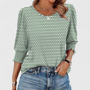 Corinthia Velbray | White Smocked Cuff 3/4 Sleeve Crew Neck Top