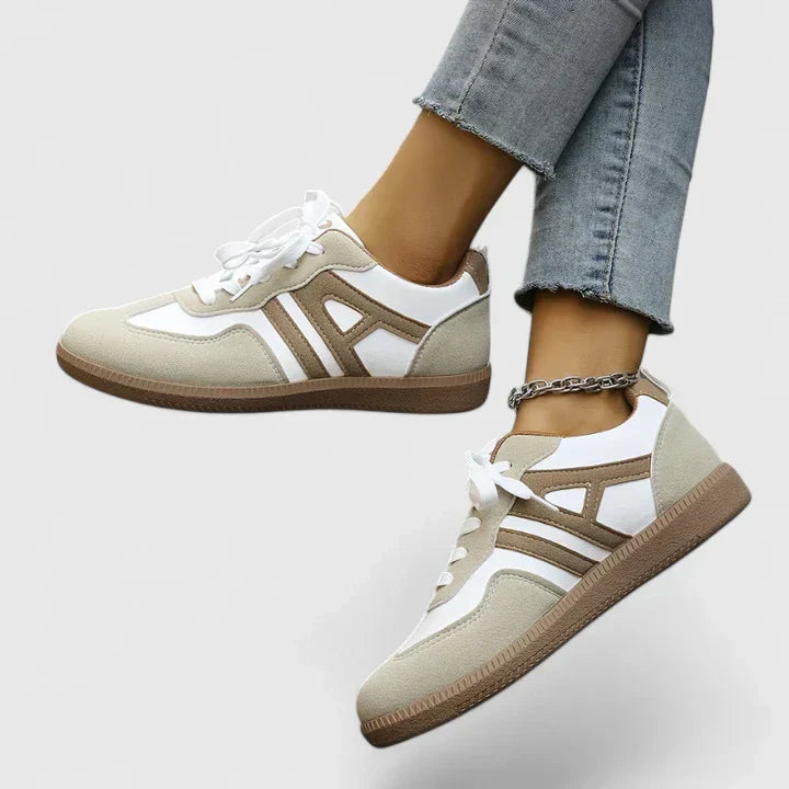 Rosalind Fairvale | Women's Retro Colorblock Low Top Sneakers in Beige & White