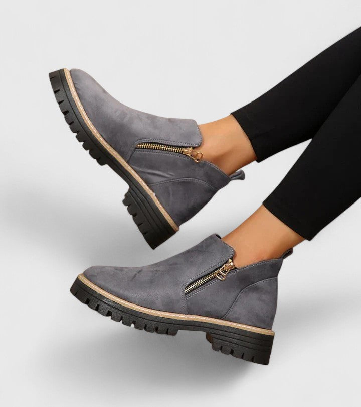 Elaine Fontverde | Black Suede Ankle Boots with Gold Zip