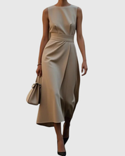 Isabeau Cavendish | Rust Brown Sleeveless Midi Dress with Waist Sash