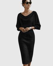 Vivienne Solvaine | Navy Blue Cowl Neck Batwing Midi Knit Dress